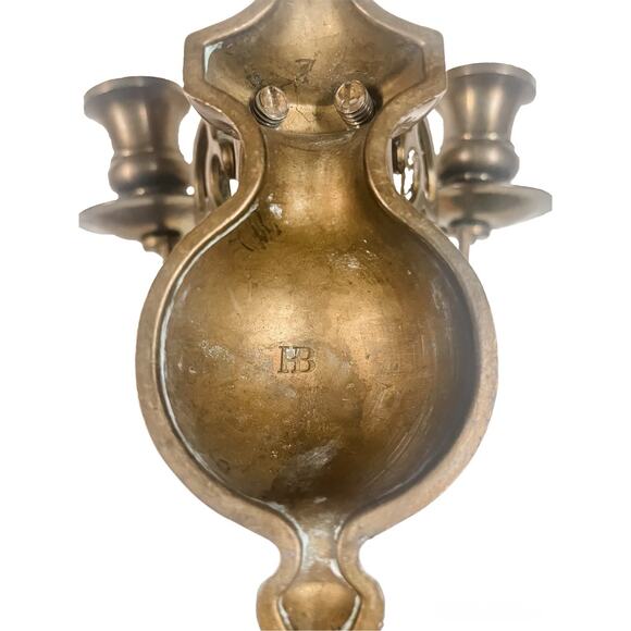 Vintage HB Solid Brass Double Arm Wall Sconce Taper Candle Holder - Picture 2 of 6